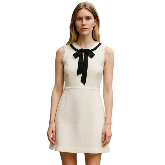 CeCe White Size 8 Tweed Dress with Contrast Bow Frayed Trim, Sleeveless - Picture 1 of 3